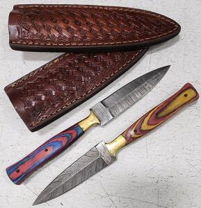 (2) Fixed Blade Damascus Steel Double Sided Daggers With Wood And Metal Handles And Sheath