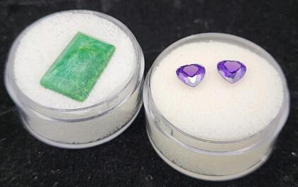 (1) 2.60 Ct. Natural Purple Sapphires Pair Of Heartshaped Gemstones (1) 10.25 Ct. Natural Green Emerald Columbian Faceted Emerald Cut Gemstone