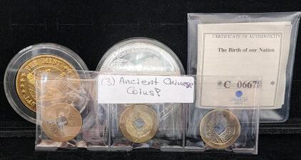 (1) 1896 Five Dollar "Presenting Light" Banknote Commemorative Coin (1) 1987 Las Vegas Nevada Commemorative Coin (3) Ancient Chinese Coins (1) American Mint The Birth of Our Nation Liberty Coin