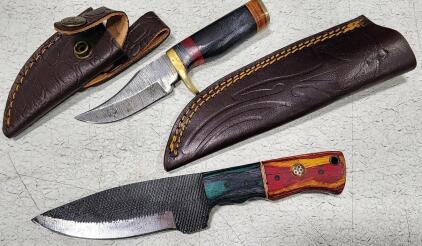 (1) Fixed Blade Cold Steel Utility Knife With Wood Handle And Sheath (1) Fixed Blade Damascus Steel Knife With Resin Handle And Sheath