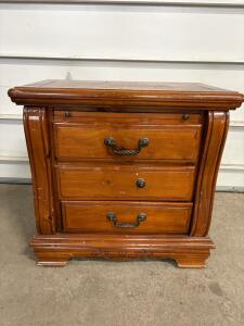 Antique Style Wooden Nightstand, 3 Drawers, Carved Base