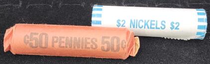 (1) 1909-1958 Wheat Penny Roll (1) Two Dollar Nickle Roll