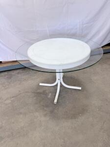 Round Glass Top Table with White Metal Base, 36-inch Diameter