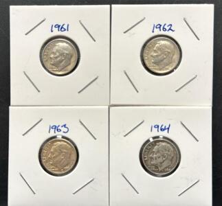 (4) U.S. Roosevelt Dimes 1961-1964 Silver Coins, 90% Silver, Reeded Edge