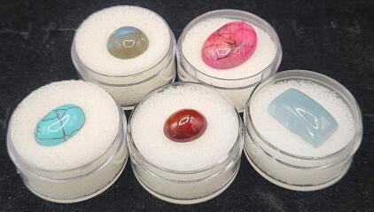 (5) Different Gemstones And Cabochon In Gem Jars