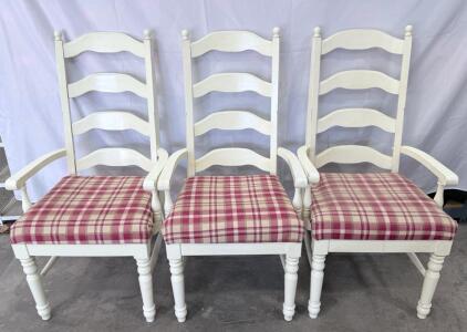 Set of 3 Ladder Back Armchair Dining Chairs, White Wood Frame, Red/Pink Checkered Fabric