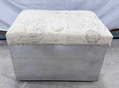 Beige Script Pattern Storage Ottoman, Metal Body, Cushion Top