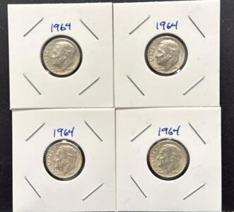 (4) 1964 Roosevelt Dimes, 90% Silver, U.S. Mint