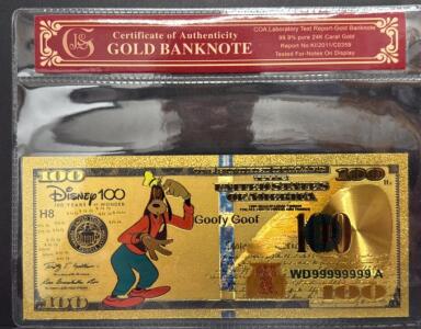 Disney 100 Gold-Plated Commemorative Banknote, Goofy Goof, Serial WD99999999A