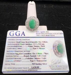 (1) Size 7 Dyed Green Beryl Oval Cabochon Emerald .925 Ring W/ GGA Card