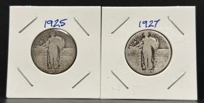1925 and 1927 Standing Liberty Quarters, U.S. Coin, 90% Silver