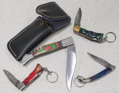 (3) Damascus Steel Pocket Knives With Wood And Resin Handles (1) Laguiole-Style Folding Pocket Knife With Wood Handle And Sheath