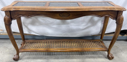 Elegant Wood and Glass Console Table, Cabriole Legs, Claw Feet, Cane Shelf