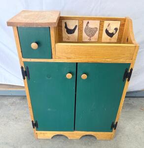 Wooden Cabinet, Green and Natural Wood, Rooster Design, 1 Drawer, 2 Doors