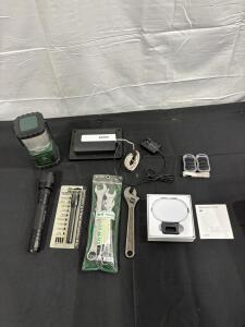 Garage Door Opener, Flashlights, And Wrench Set