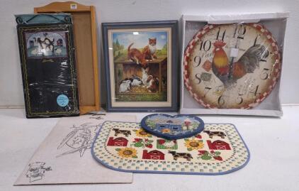 17"x 23" Framed Giclee Print of an Antique Oil Painting Titled "Rabbits at Rest" by the Artist Hegel-Featuring Cats & Rabbits, (1) 24"x 24" Rooster Kitchen Clock, (1) (Blue) 12"x 8" Heart Shaped Vintage Folk Art, & Much More!