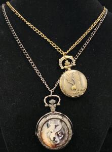 (1) Wolf-Themed Black Alloy Quartz Pocket Watch (1) Brass-Tone 3D Eagle Mini Quartz Pocket Watch