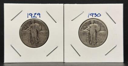 1929 & 1930 U.S. Standing Liberty Quarter Coins, 90% Silver, Philadelphia Mint