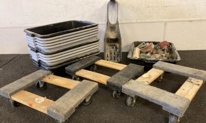 (11) Plastic Tubs - (3) Dollies - Tub of Miscellaneous Items