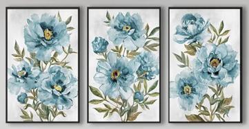 Large 3-Cavnas Framed Teal Flower Wall Art | 35.5&rdquo;x23.5&rdquo;