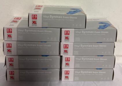 9 Boxes of XL Vinyl Synmax Exam Gloves. 100 Per Box.
