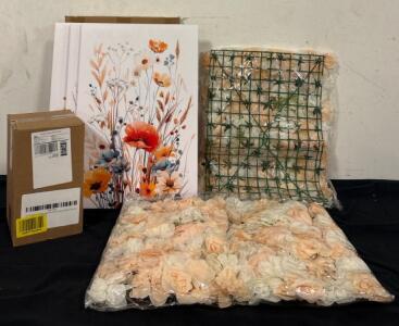 (3) Floral Wall Canvases, (4) 750ml Bottles Of Dry Botanical Bubbly Reserve Spiced Pear Vanilla and Cardamom, (2) Floral Wall Decor
