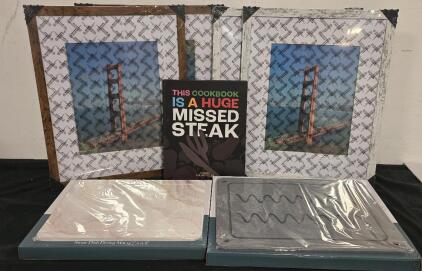 Mark Filippelli "Missed Steak" Cook Book, Medium And Large Stone Drying Mat, (2) White And (2) Brown 16"x20" Frames