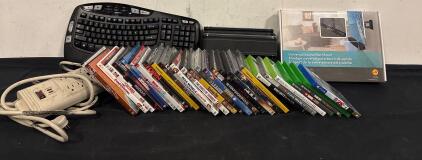 Electronics Lot: Various DVDs And Xbox Games, Logitech Keyboard, Universal Sound Bar Mount And More