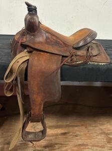 Western Ranch/Roping Saddle, 15-16" Seat, Leather, Brown, Double Rigging, Rear Cinch, Tape-Repaired Horn