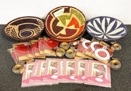 Full Circle Exchange Fair Trade Rwandan Baskets, Indian Crochet Ornaments, Zebra Napkin Rings Lot