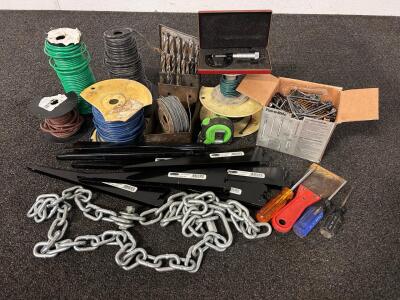 Mixed Lot: Starrett Micrometer, Drill Bit Set, 8 Rubbermaid 11.5" Brackets, Wire, Tools & Fasteners
