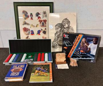 Notre Dame Stadium Authentic Brick 1930 w/ COA, Display Stand, Removed 1996-97 Expansion, Poker Set With Case, Wall Art, Mini Table Tennis Set, and More