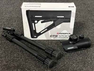 Magpul CTR Mil-Spec Stock MAG310 BLK, Caldwell Carbon Fiber Bipod, Axeon RGB Red Dot Sight