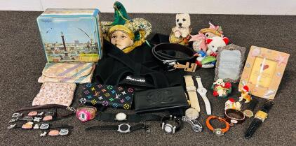 Mixed Home Goods Lot: Replica Chanel/Louis Vuitton Wallets, Dockers Belt XL, 12 Watches, Decor & Frames