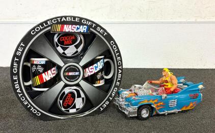Collectible NASCAR-Themed Gift Set Alongside A Vintage Hulk Hogan Action Figure In A Flaming Car