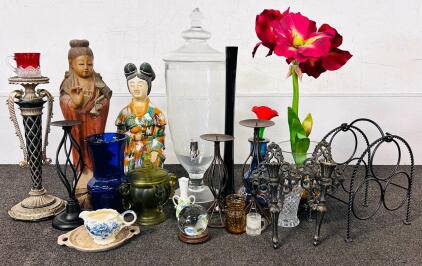 Large Lot Decorative Figurines, Candle Holders, Glassware, Vintage Dispenser, Wine Rack, 18 Pieces