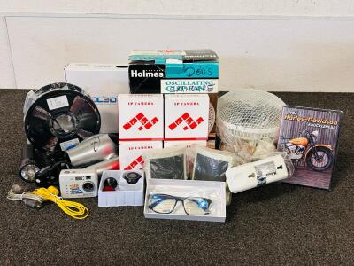 Electronics Lot Including: Ion Hair Blower, Holmes Clip Fan, IP Cameras, Computer Speakers, Roll Of 3D Printing Wire, Anti Blue Ray Glasses and More