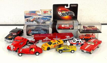 Collection Of Die-Cast Model Cars, Including Products From Brands Like Hot Wheels And Racing-Themed Vehicles