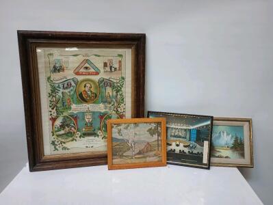 (4) Various Wall Hangings, 1-Independent Order of Odd Fellows 29" x 25", (3) 12" x 15" Barn, Mountain, Coeur De Lene Lodge Photo
