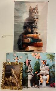 Wall Decor &mdash; (3) Pcs Animal Bathroom Prints, Cat Print & Vintage Style Framed Print