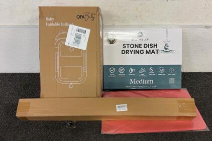 (1) Pink Baby Foldable Bathtub, (1) Spotwells Stone Dish Drying Mat, (1) Mahjong Mat For Table, And More!