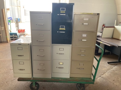 Rolling Flat Cart w/ (5) Various Sized Filing Cabinets