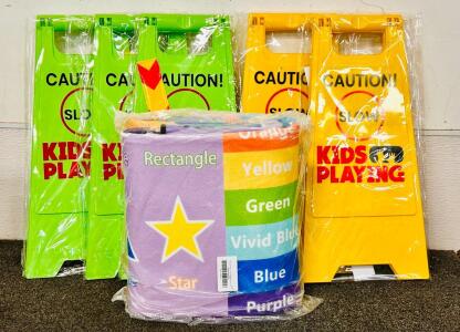 Educational Kids Area Rug (5'x7') and (5) Double Sided Kids Playing Caution Signs (Green and Yellow)