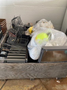 Box Crate of Various Office Supplies And Hard Hats