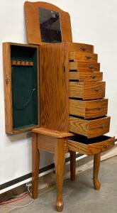 7-Drawer Standing Oak Jewelry Armoire | 16&rdquo;x10&rdquo;x46&rdquo;