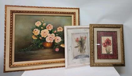 (3) Flower Prints/Paintings, 1-39" x 34", 2-18" x 23 1/2", 3-20" x 25"