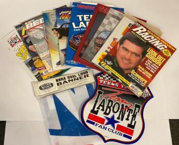 Collection Of Vintage NASCAR And Racing Memorabilia, Including Magazines Like "Racing Season Preview" From The Late 1990s/Early 2000s, A Bobby Labonte Fan Club Sign, And An NHRA Oval Logo Banner