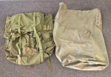 Vintage US Military Field Gear Consists Of An Olive Drab Green ALICE (All-purpose Lightweight Individual Carrying Equipment) Backpack And A Matching Laundry Bag