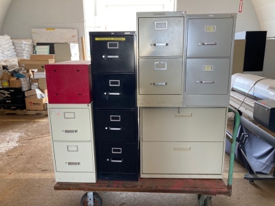 Rolling Flat Cart with (6) Filing Cabinets and (1) Metal Cabinet