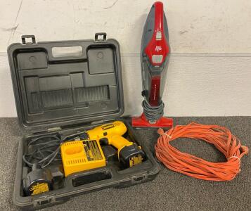 Collection Of Tools And Appliances Including A Corded Handheld Vacuum, A Cordless DeWalt Drill And An Extension Cord